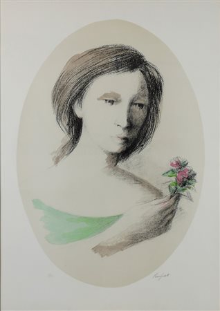 DOMENICO PURIFICATO, Ragazza con fiore, Litografia a colori su carta Anno...