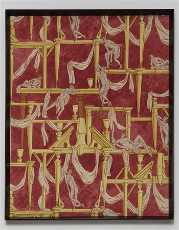 "Casa degli Efebi"Coppia di tessuti in cornice, drappi dal disegno di Gio...