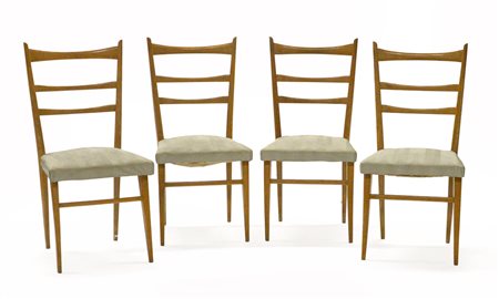 Quattro sedie. Italia, anni '50. Legno di frassino, seduta imbottita...