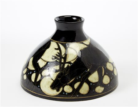 Borzelli Vaso in ceramica smaltata in nero, giallo e celeste sottovetrina,...