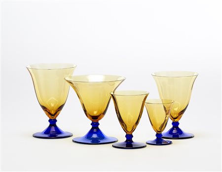 Manifattura di Murano Set di bicchieri in vetro soffiato blu e arancio,...