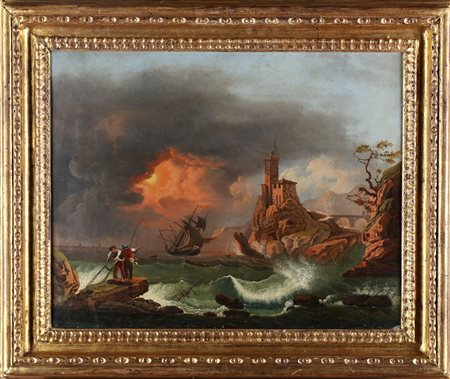 VERNET JOSEPH (1714 - 1789) Seguace di, Coppia di marine con barche e...