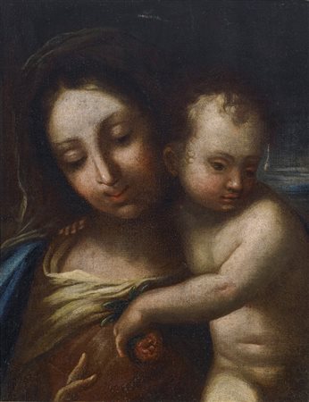 ARTISTA DEL XVII SECOLO Madonna con il Bambino. . Olio su tela . Cm 52,00 x...