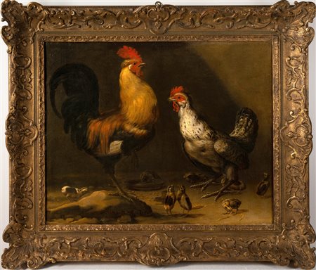 ARTISTA NORDEUROPEO DEL XVII SECOLO Gallo, gallina e pulcini. . Olio su tela...