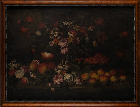 ARTISTA DEL XVIII SECOLO Natura morta di frutta e fiori. . Olio su tela . Cm...