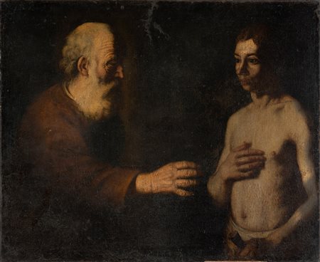 ARTISTA CARAVAGGESCO DEL XVII SECOLO Isacco e Esaù. Olio su tela . Cm 88,50 x...