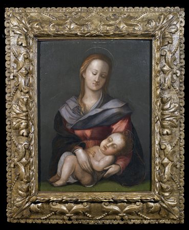 ARTISTA DEL XVI SECOLO Madonna con bambino. . Olio su tavola. Cm 49,00 x...