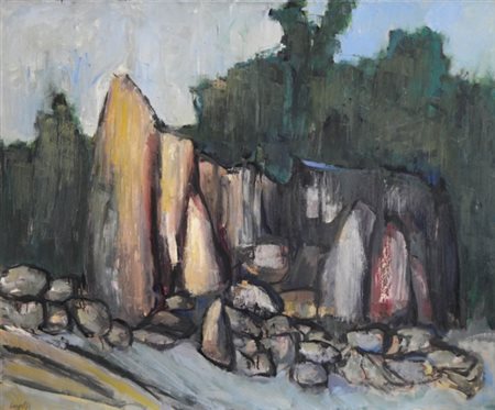 ALDO BERGOLLI 1916 - 1972 " Masso sulla riva ", 1965 Olio su tela, cm. 90 x...