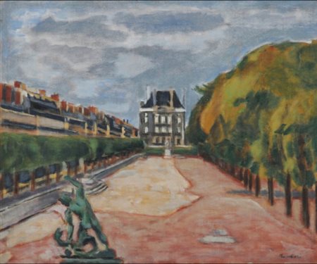 ORFEO TAMBURI 1910 - 1994 " Les Tuileries ", 1951 Olio su tela applicato su...