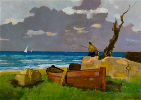 Renato Natali (Livorno 1883 1979) Una spiaggia all'Antignano con pescatore...