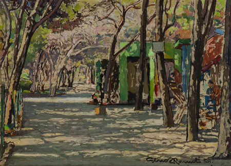 Gino Romiti (Livorno 1881 1967) Pineta 1958 Olio su faesite, cm. 13x18.,...