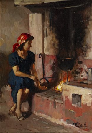 Cafiero Filippelli (Livorno 1889 1973) Donna al fuoco Olio su tavola, cm....
