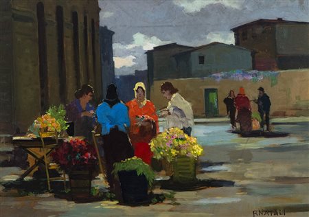 Renato Natali (Livorno 1883 1979) Fioraie Olio su faesite, cm. 50x70.,...