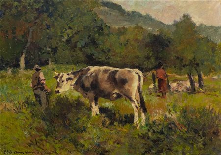 Carlo Domenici (Livorno 1897 Portoferraio 1981) Mucca e contadini Olio su...