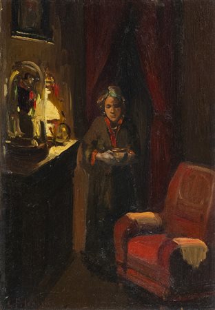 Cafiero Filippelli (Livorno 1889 1973) Interno con figura Olio su tavola, cm....