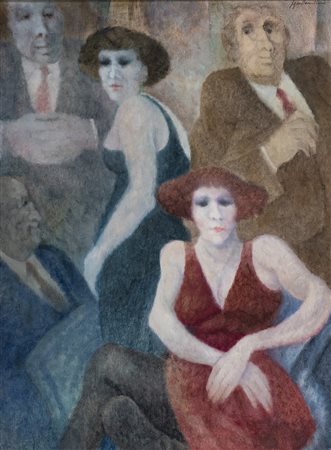 Remo Squillantini (Stia 1920 1996) Donne in blu e rosso anni '70-'80 Olio su...