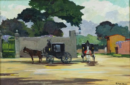 Renato Natali (Livorno 1883 1979) Carrozze Olio su tavola, cm. 40x60.,...