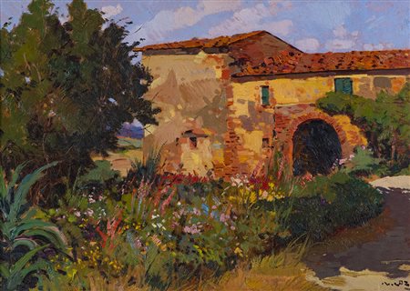 Angiolo Volpe (Livorno 1943 ) Rustico Olio su cartone, cm. 50x70., Firmato in...