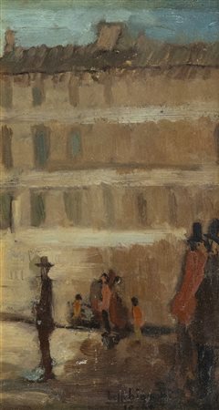 Beppe Bianchi (Firenze 1910 ) Piazza 1946 Olio su cartone, cm. 32x18,5.,...