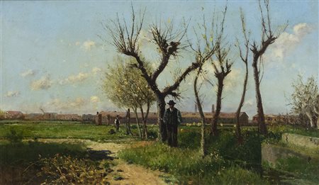 Michele Cammarano (Napoli 1835 Napoli 1920) Paesaggio con figure Olio su...