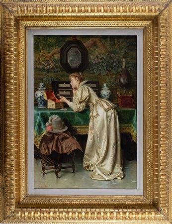 Tito Conti (Firenze 1842 1924) Interno con giovane donna elegante Olio su...