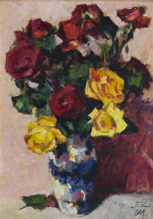 Corrado Michelozzi (Livorno 1883 1965) Rose Olio su tavola, cm. 50x35.,...