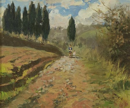 Giorgio Luxardo (Livorno 1937 ) Strada campestre Olio su tavola, cm. 23x27,...