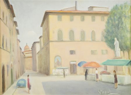Gino Magnelli (Firenze 1896 1976) Piazza 1971 Olio su tela, cm. 30x40.,...