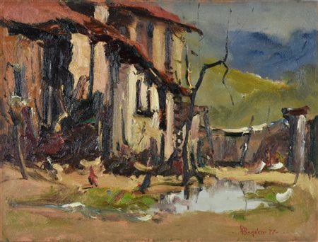 Dino Pasquero CORTILE A TRANA olio su tavola, cm 30x40 sul fronte: firma e...