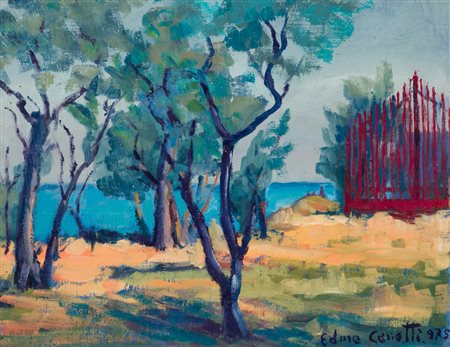 EDMO CANETTICancello rosso, 1975Olio su cartone telatocm 24x30Firma e...