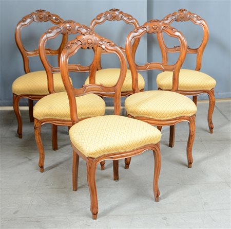 Gruppo di sei sedie Luigi Filippo in legno con schienale a giorno e seduta...