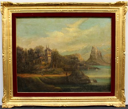 Scuola del secolo XIX "Figure in un paesaggio presso un casolare su un lago"...