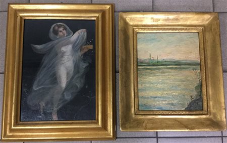 Lotto di due dipinti ad olio su compensato raffiguranti un paesaggio fluviale...