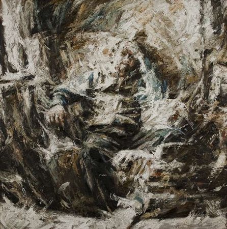 Raffaele Minotto Figura seduta – 1998 olio su tavola cm. 84x84 Firma in basso...