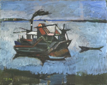 MATTIOLI CARLO (1911 - 1994) La draga sul Po. 1955. Olio su tela . Cm 100,00...