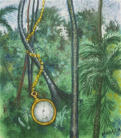 BENAGLIA ENRICO (n. 1938) L'orologio nella foresta. Pastello su carta. Cm...