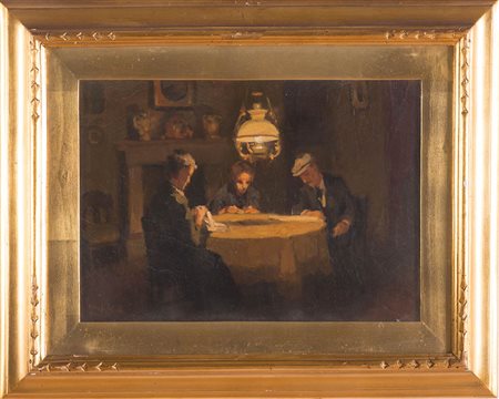 Cafiero Filippelli (Livorno 1889 - 1973), “Famiglia al desco”. Olio su...