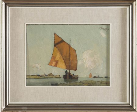 Maceo Casadei (Forlì 1899 - 1992), “Marina con barca”, 1924. Olio su...