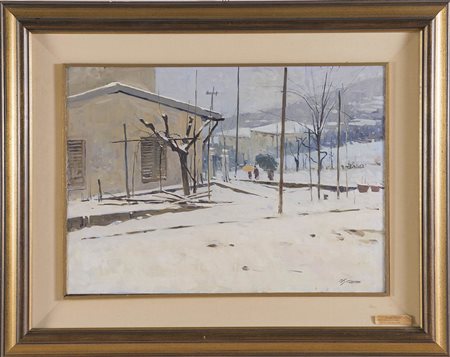 Osvaldo Curandai (Firenze 1931 - ?), “Nevicata al mio paese”. Olio su tela,...