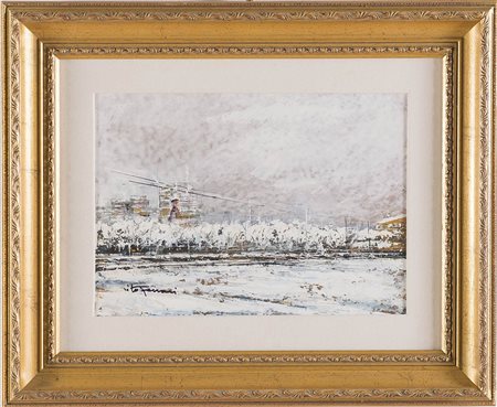 Vito Ferrari (Rovigo 1928), “Neve in periferia”, 2000. Olio su cartone, opera...