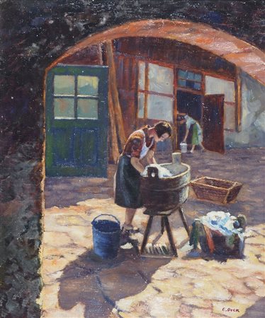 Ernesto Dick Trieste 1889-1959 "Giornata lavorativa" cm. 51x41 - olio su...