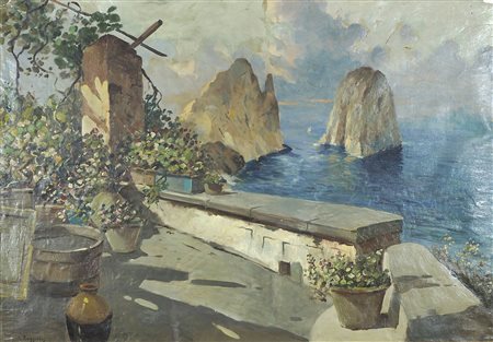 R. Ruggiero "Terrazza a Capri" cm. 70x100 - olio su carta su tela (difetto...