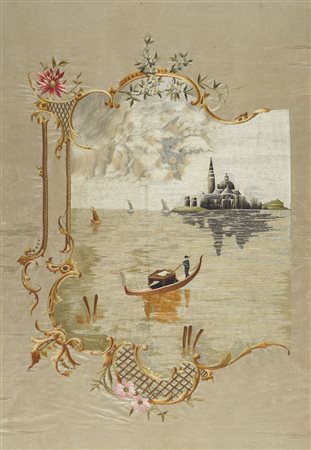 Stoffa lavorata raffigurante Gondola a Venezia, cm. 70x60.