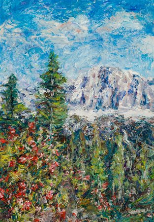 CARLO AIMETTI (1901-1980)Paesaggio con rododendri (Dolomiti), 1974Olio su...