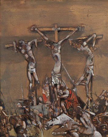 DINETTO LINO Este (Pd) 1927 Crocifissione olio su tavola 50x40 cm firma in...