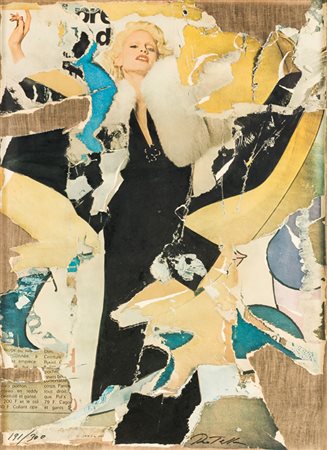 MIMMO ROTELLA (1918-2006)Donna Jordan, 1974Décollage su tela di jutacm...