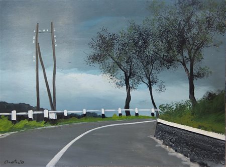 Enotrio Pugliese STRADA STATALE N 19 olio su compensato, cm 50x70 sul fronte:...