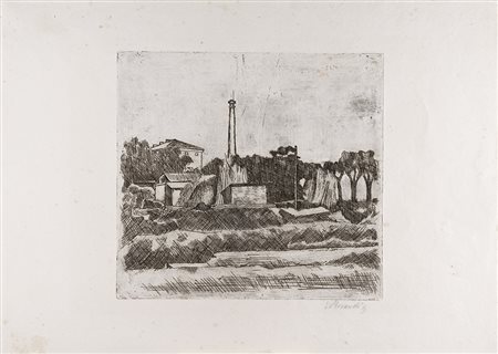 Giorgio Morandi 1890 - 1964 Paesaggio con la ciminiera (Sobborghi di...