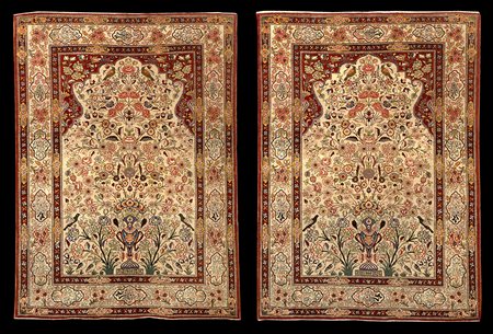 Due tappeti gemelli da preghiera Keshan, Persia secolo XX. Decoro del Mirab a...