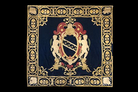 Arazzo patchwork in panno di lana raffigurante stemma nobiliare. Italia,...